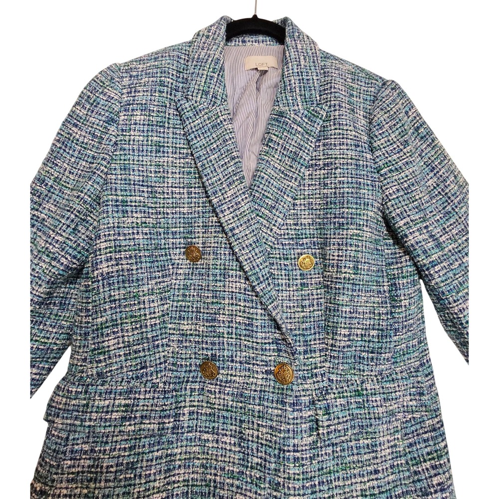 Ann Taylor LOFT Tweed Blazer 6 Double Breasted Oversized Blue Green Military